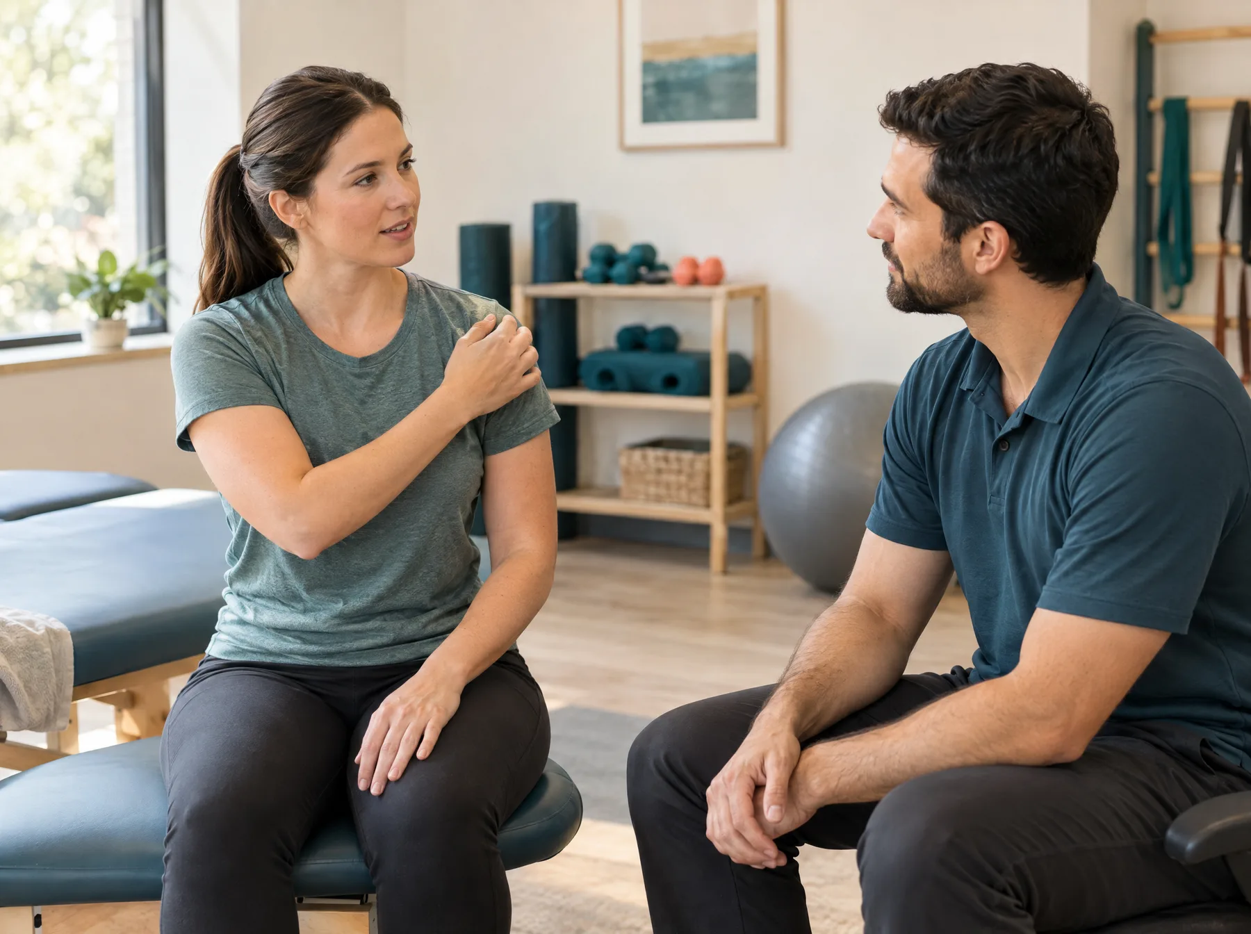 A patient talks with a therapist about shoulder movement and recovery (illustrative image)