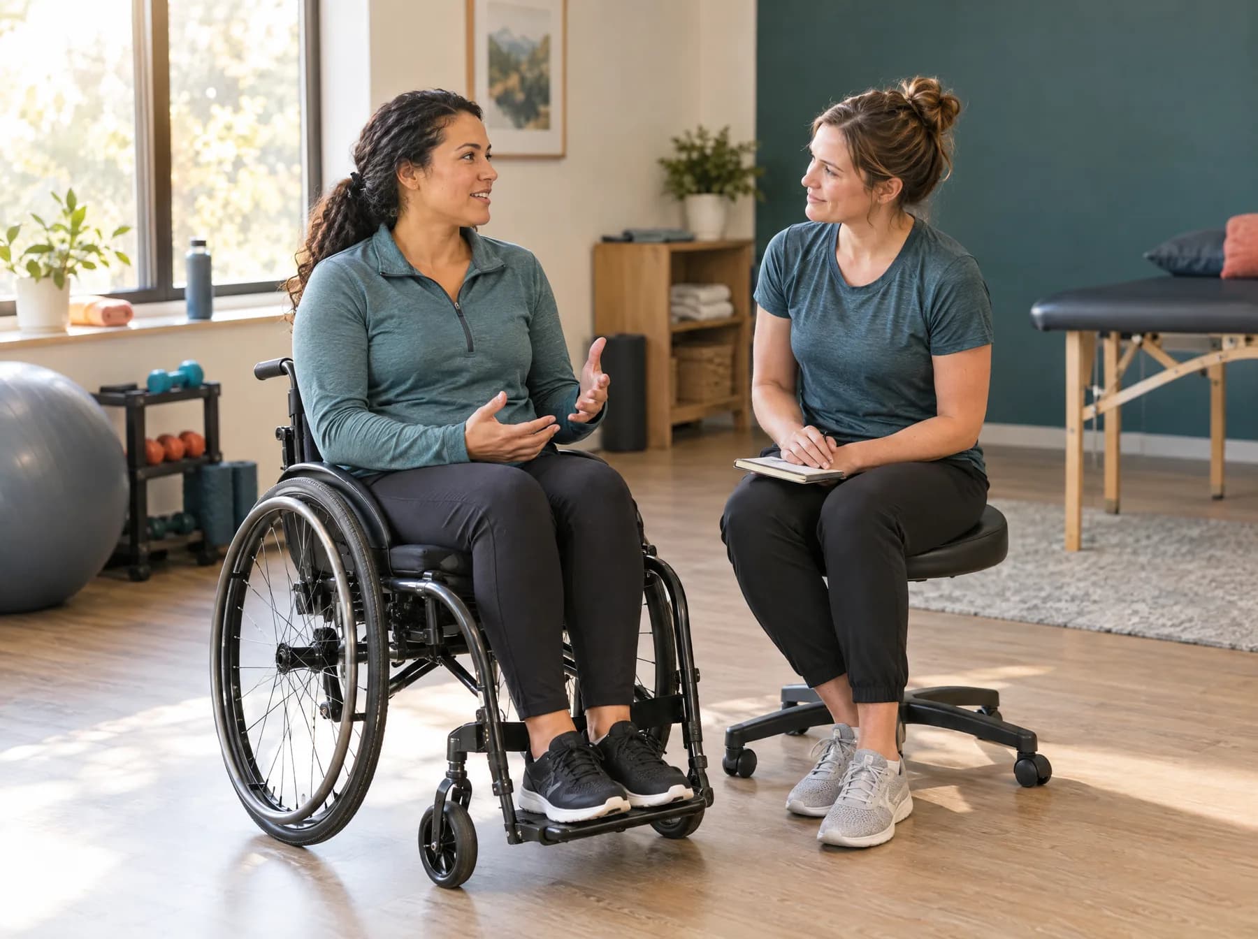 A therapist discusses mobility goals with an adult using a wheelchair (illustrative image)