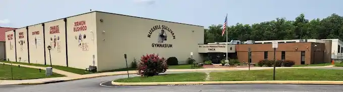 YMCA exterior with Russell Sullivan Gymnasium signage at South Stafford